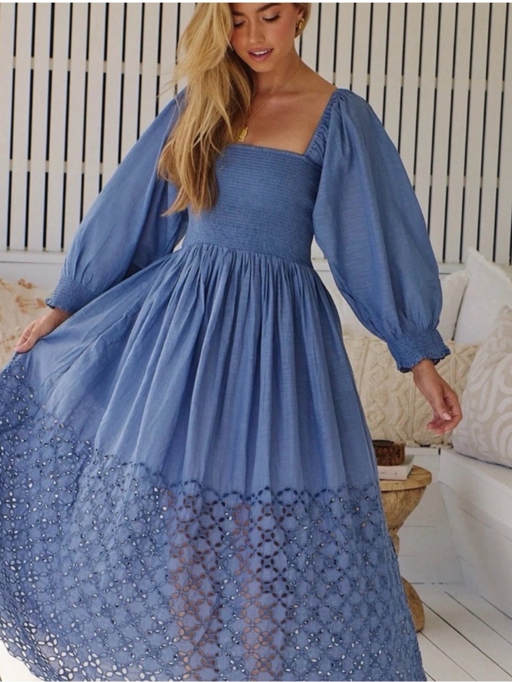 Free People perfect storm size S Blue Smocked Maxi Dress with Eyelet Hem